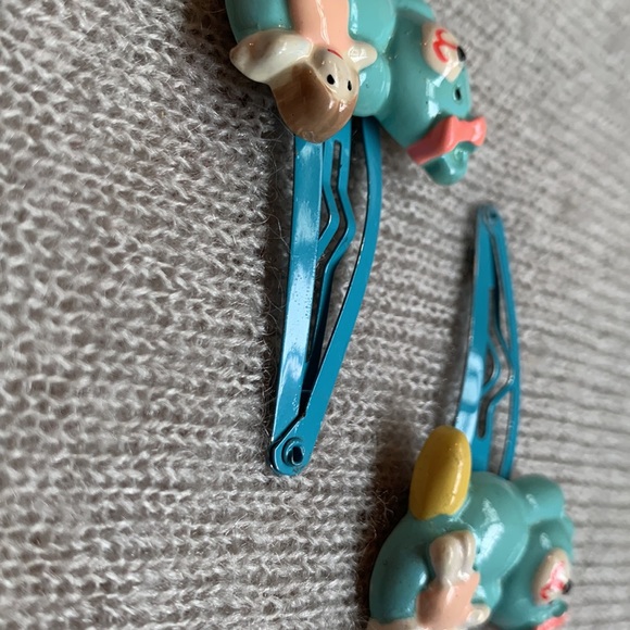 VINTAGE Set of 2 - Kids Bear Hair snap Clip Mini Barrette Blue Turquoise - Picture 3 of 6
